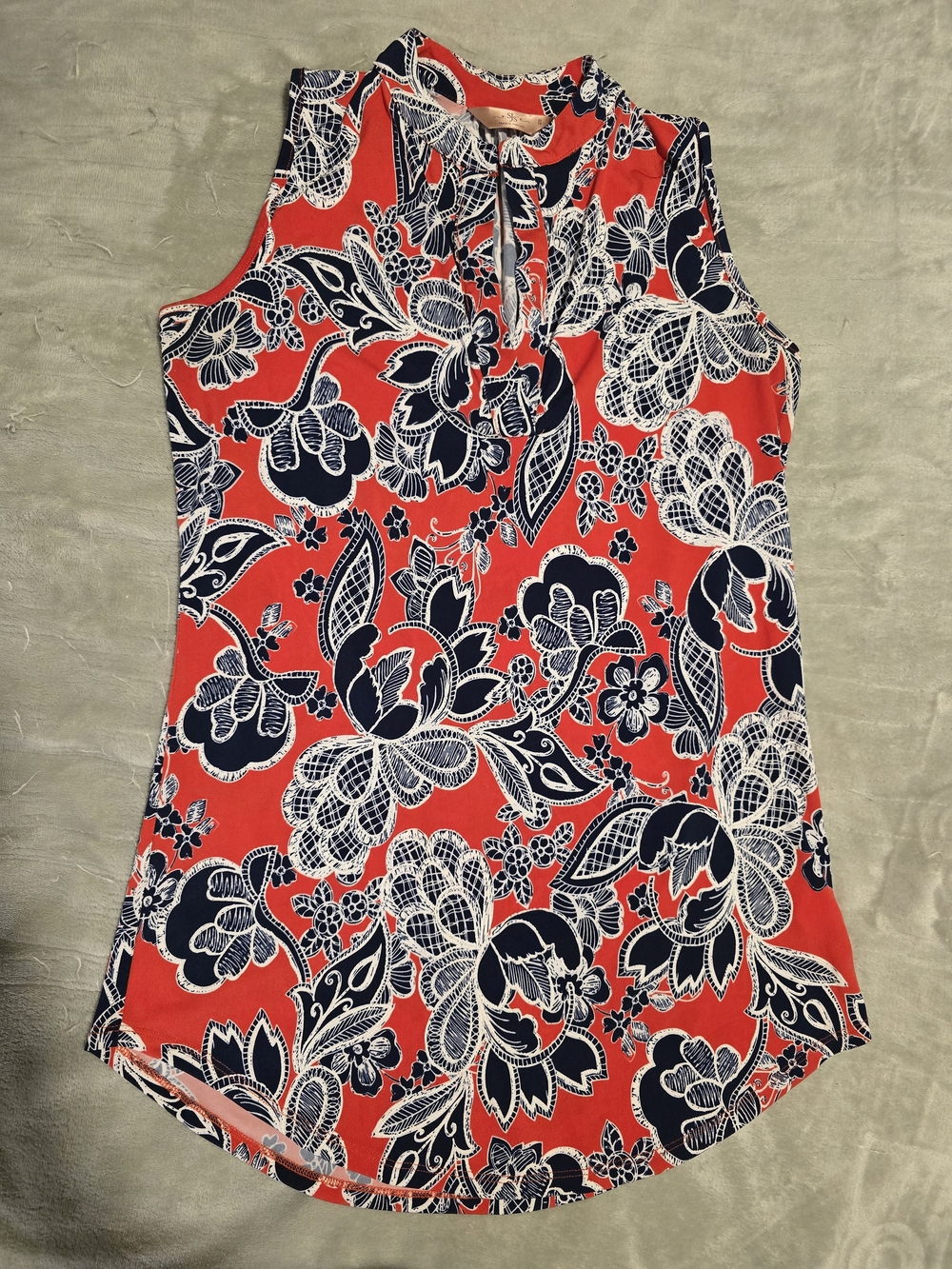Sweet Rain Coral Red Navy Paisley Keyhole Sleeveless Blouse M